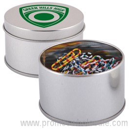 Assorted Colour Zebra Striped Paperclips In Silver Round Tin