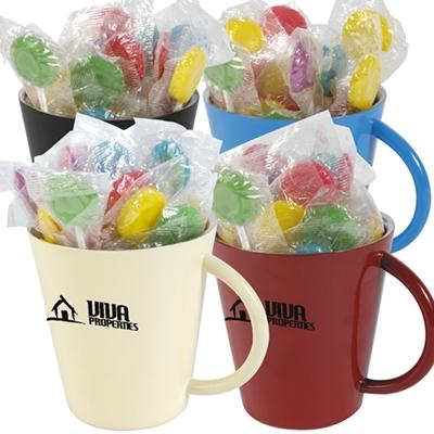 Promotional Lollipops In Coloured Double Wall Coffee Mugs