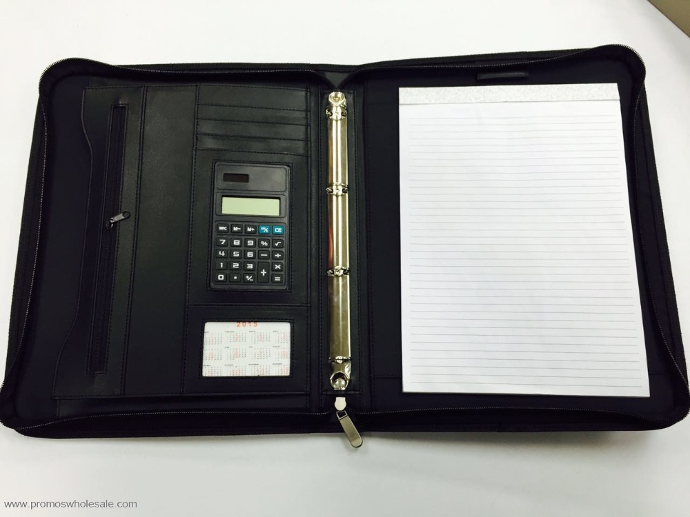 Portfolio file folder with calculator and zipper 